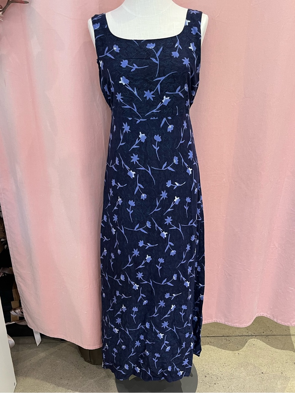 Sienna Navy Blue Floral Rayon Maxi Dress Back Tie Waist Square Neck Sleeveless L